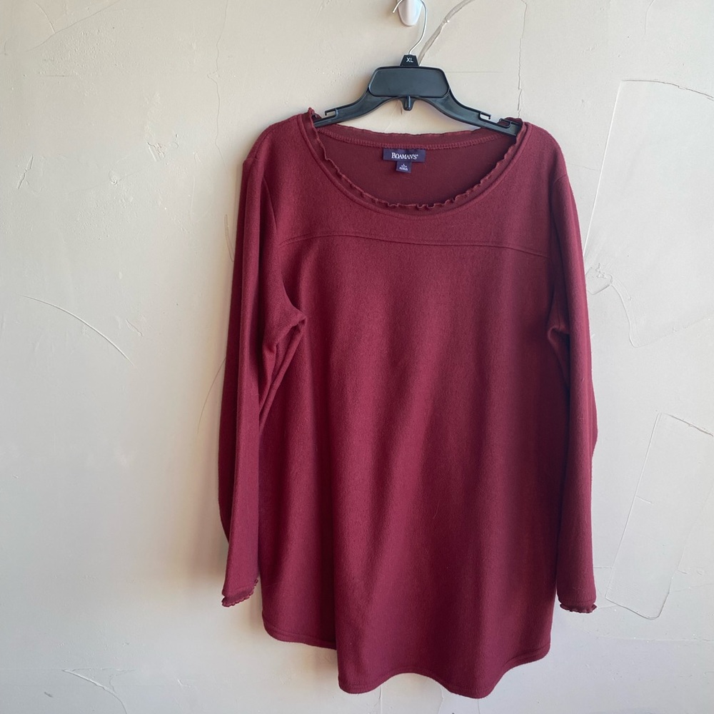 NWOT ROMANS MAROON LONG SLEEVE TUNIC RUFFLES AROUND NECK & WRISTS SIZE L 18/20